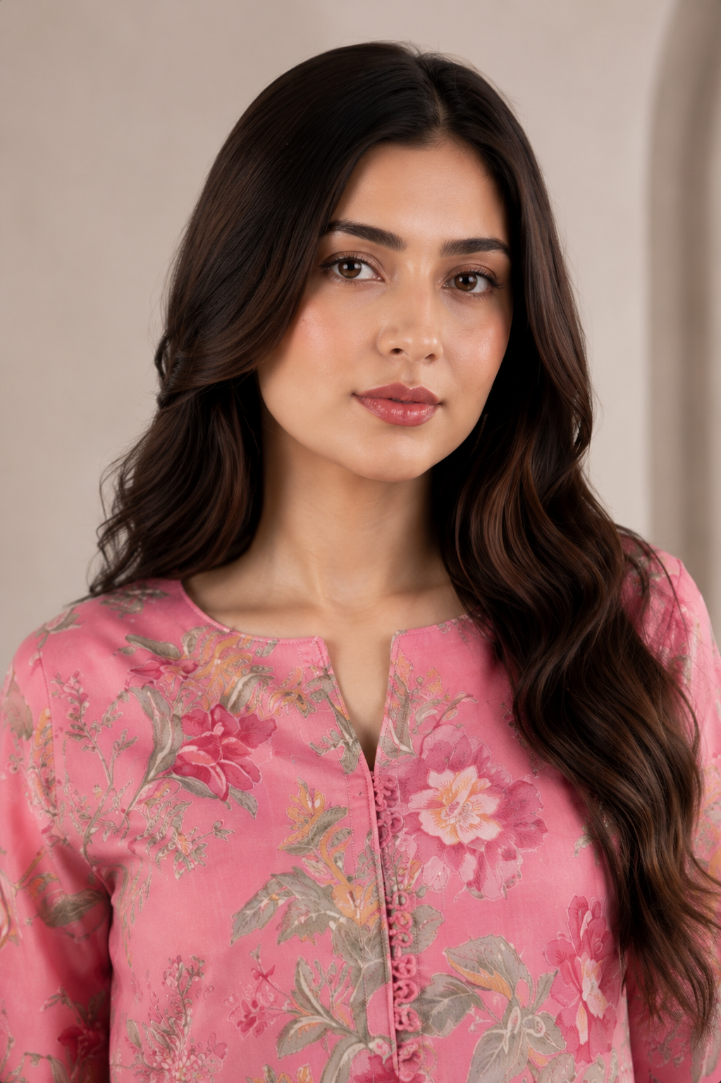 Pink printed organza suit set