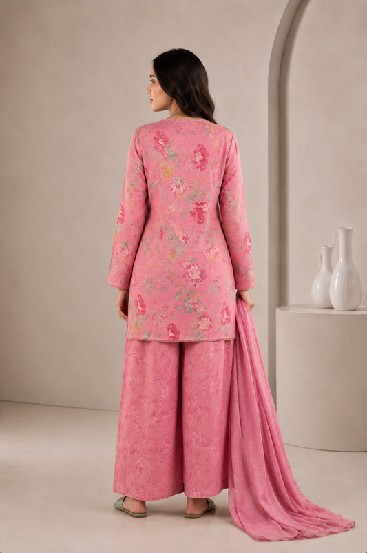Pink printed organza suit set