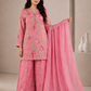 Pink printed organza suit set