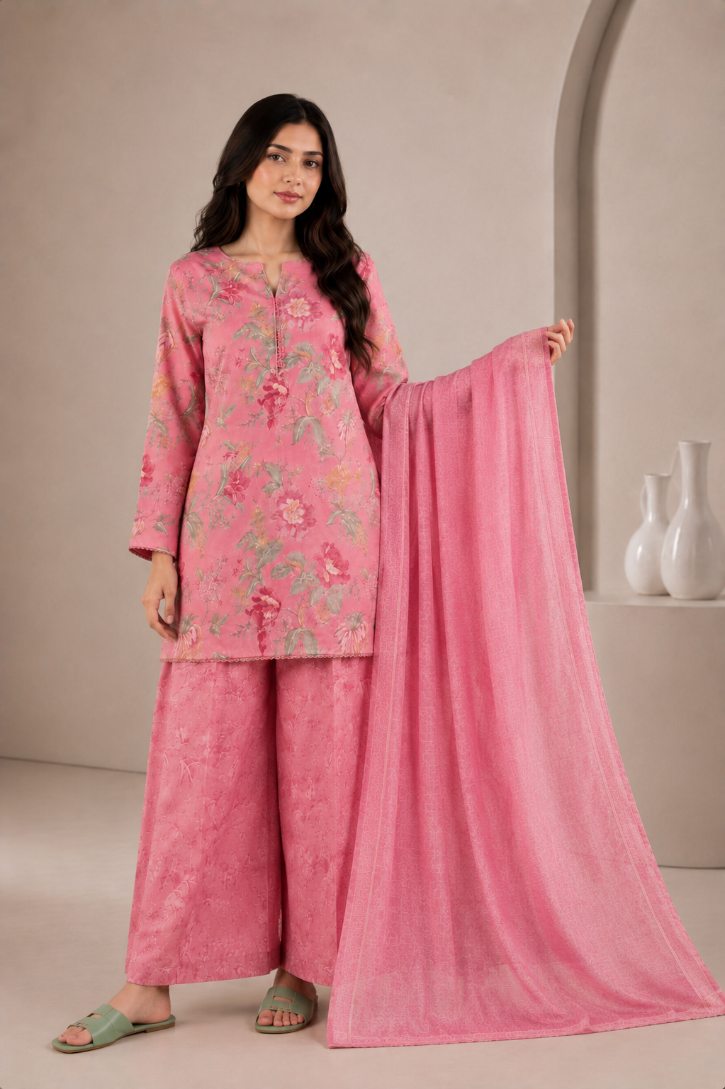 Pink printed organza suit set