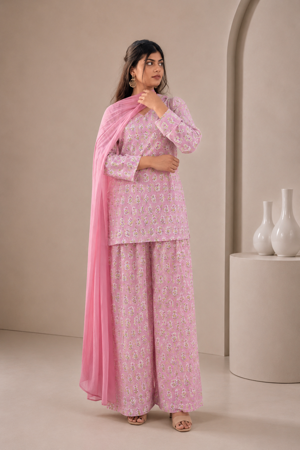 Pink floral hand block printed kurta sharara set