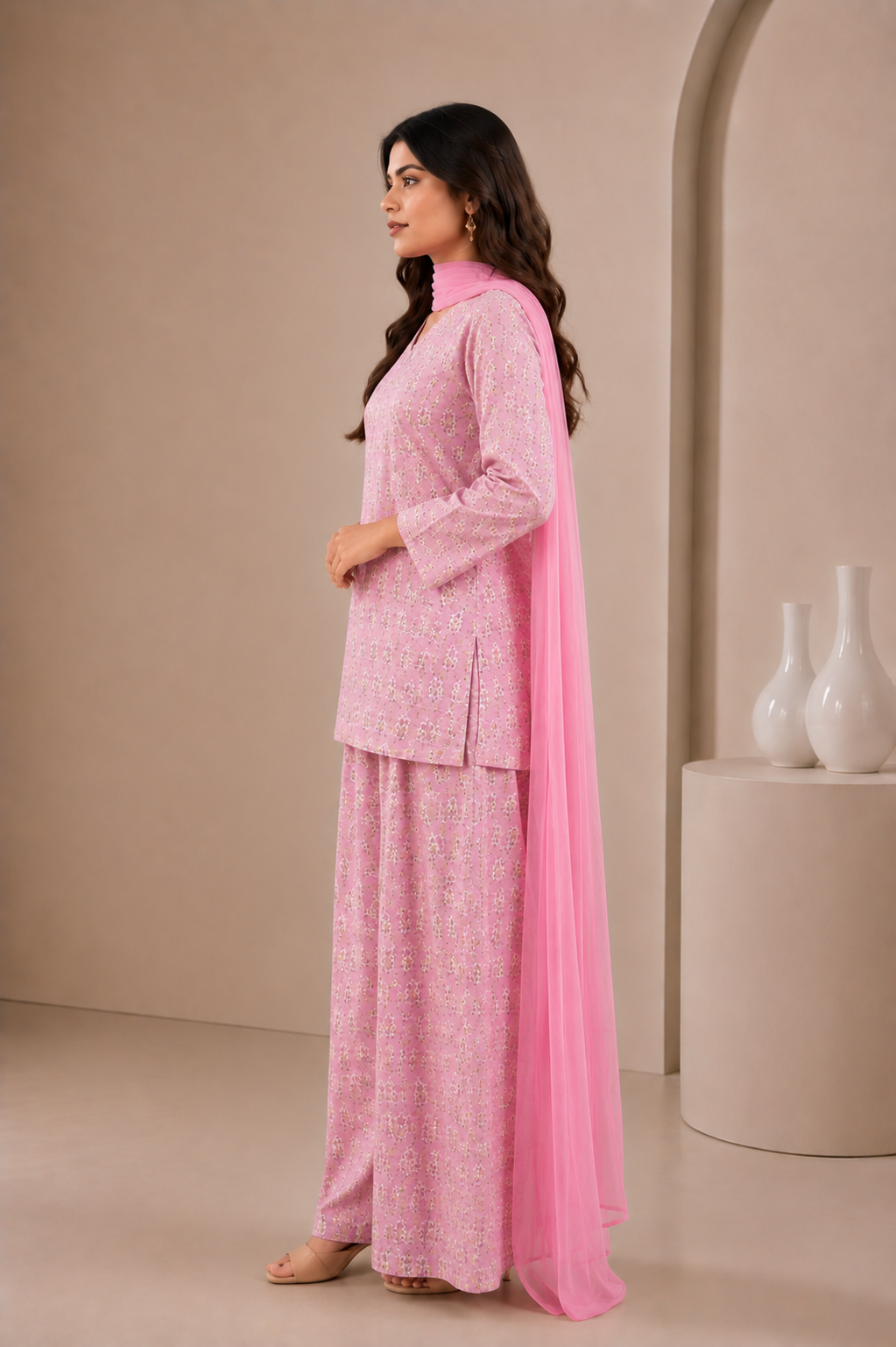 Pink floral hand block printed kurta sharara set