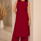 Maroon solid A-line sleeveless kurta paired with matching palazzo