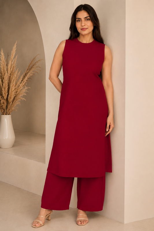 Maroon solid A-line sleeveless kurta paired with matching palazzo