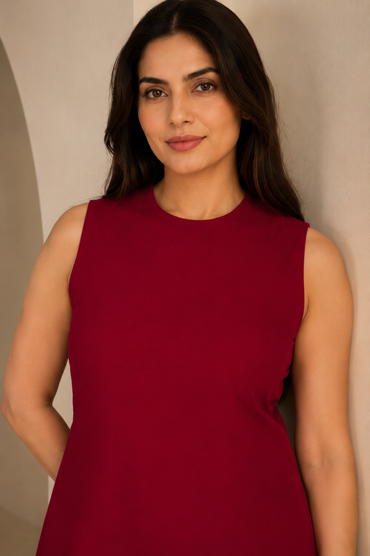 Maroon solid A-line sleeveless kurta paired with matching palazzo