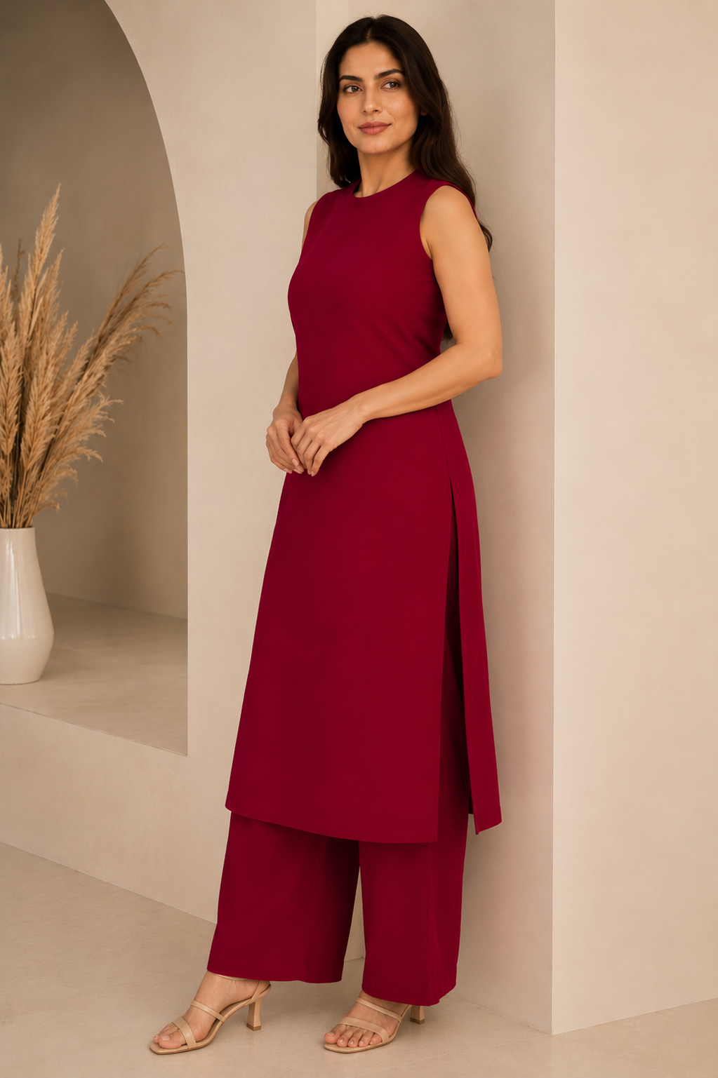 Maroon solid A-line sleeveless kurta paired with matching palazzo
