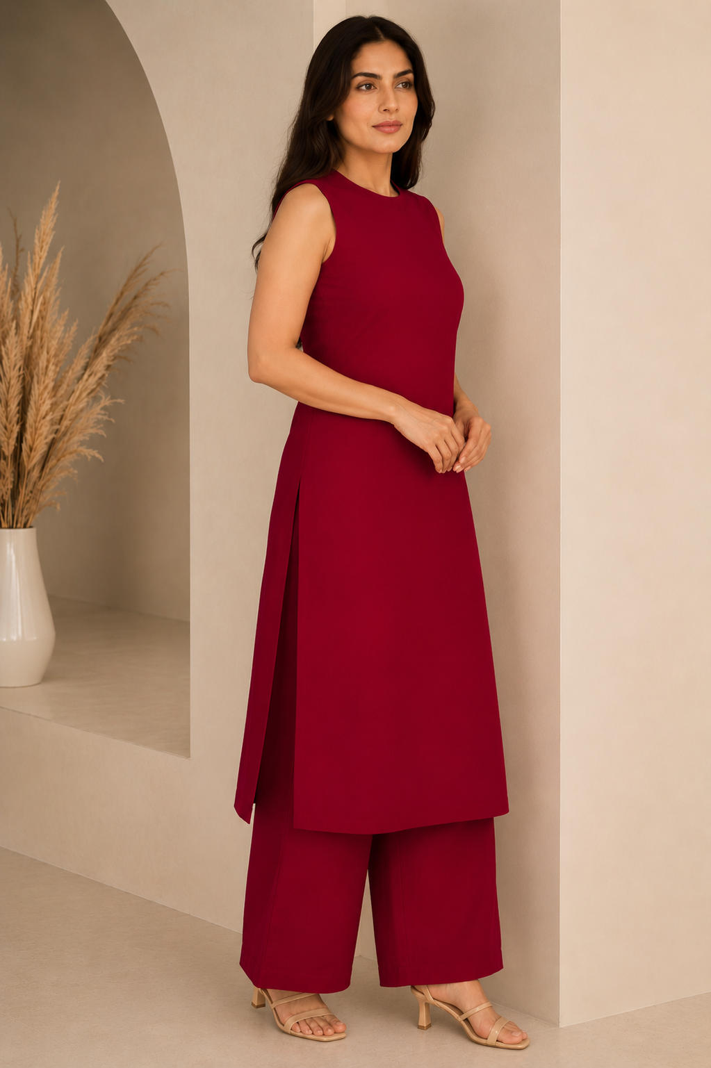 Maroon solid A-line sleeveless kurta paired with matching palazzo