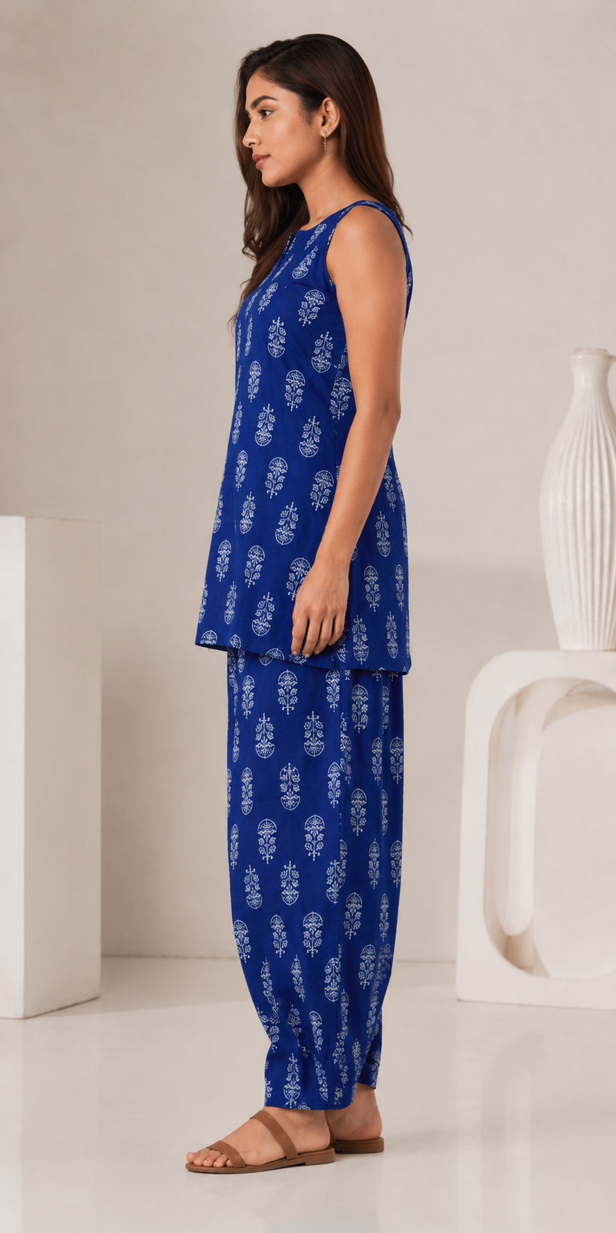 Blue Printed Pure Cotton Tunic With Palazzos
