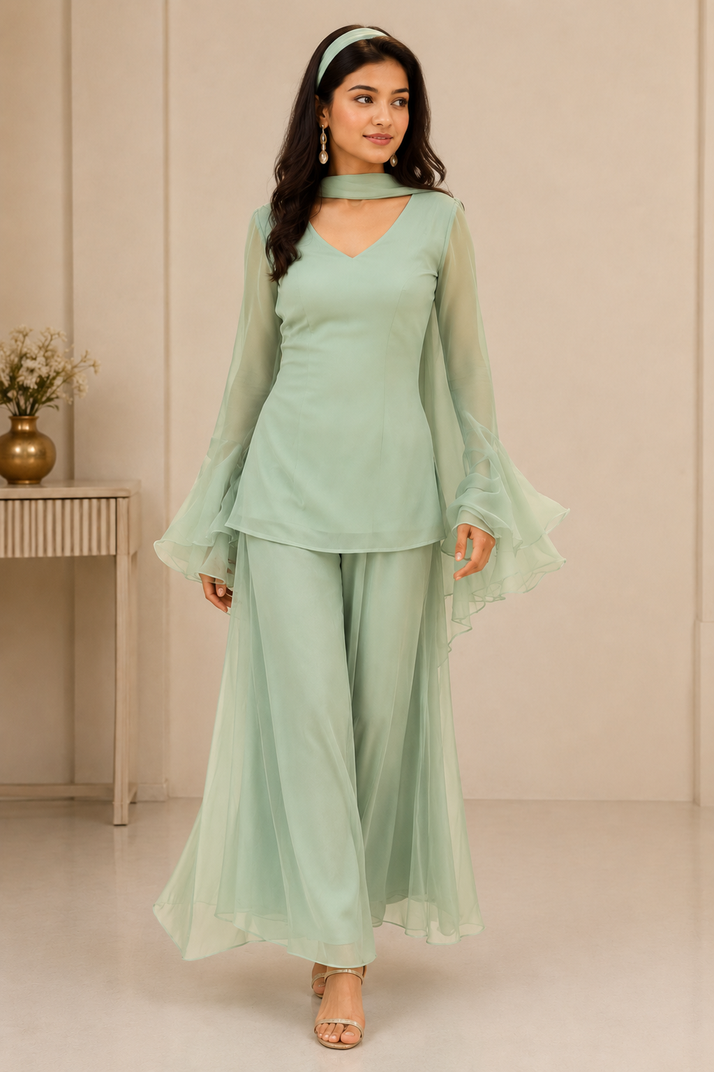Green Crush Organza Hand Work Straight Kurta Set