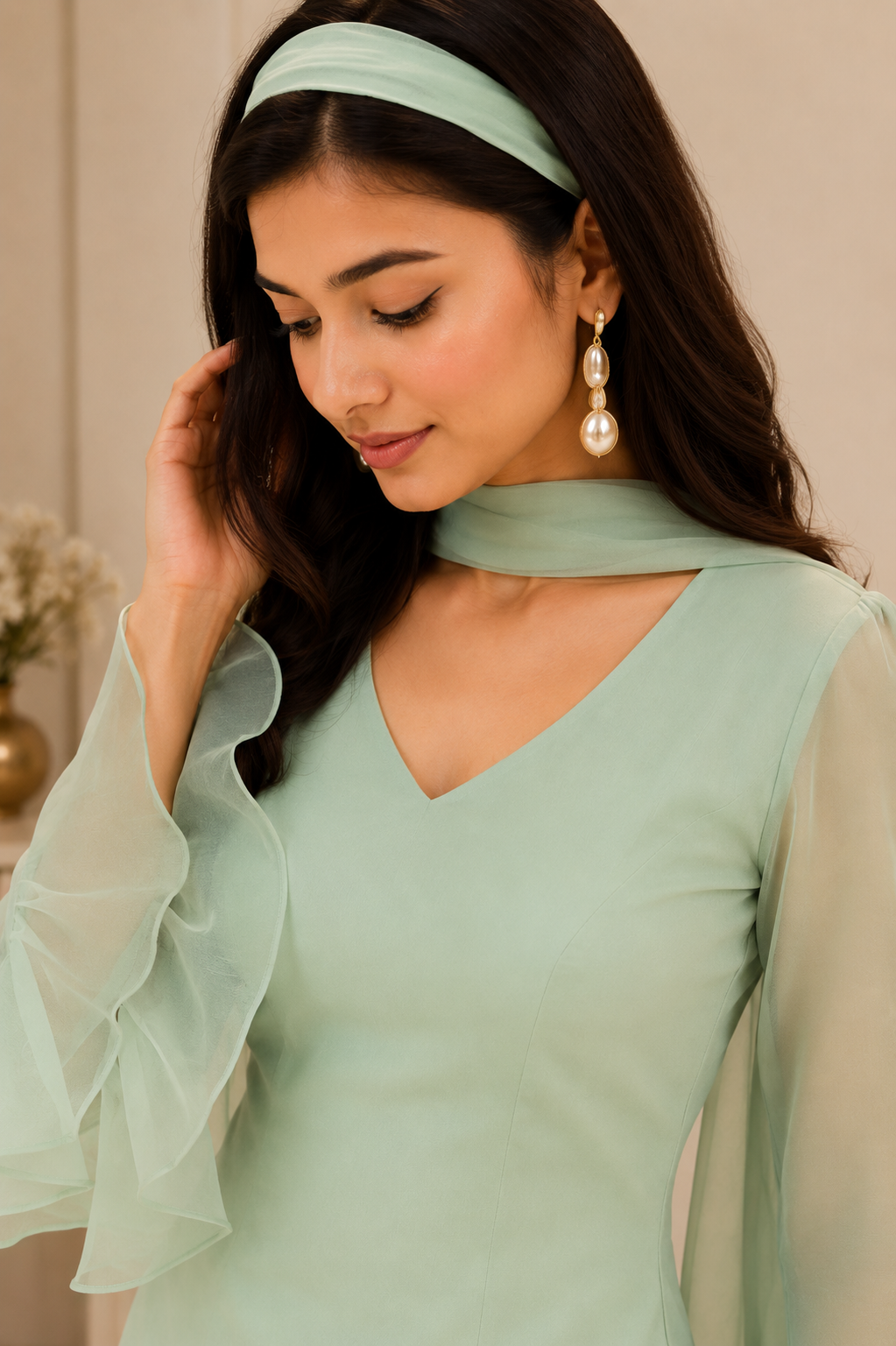 Green Crush Organza Hand Work Straight Kurta Set