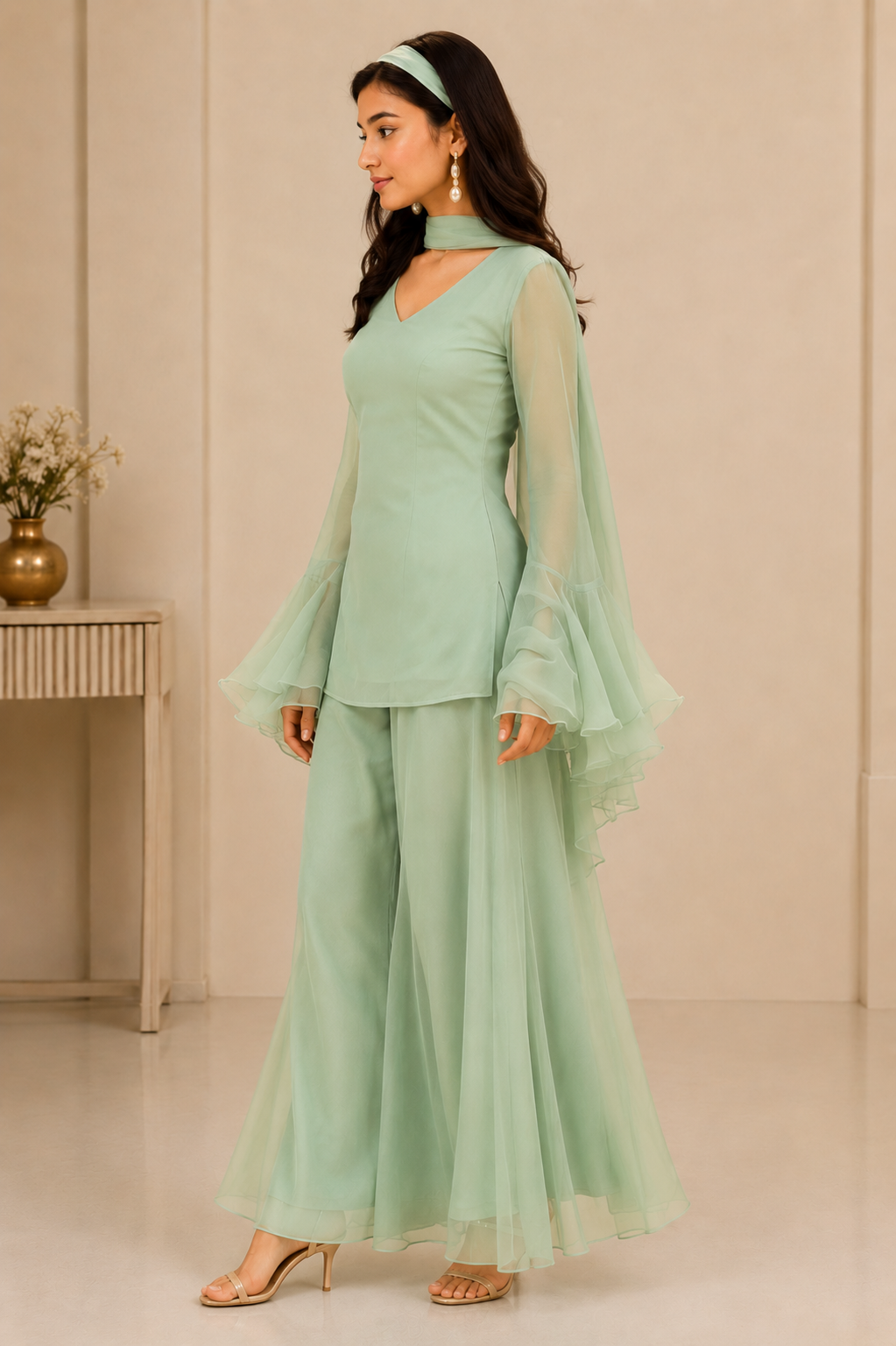Green Crush Organza Hand Work Straight Kurta Set