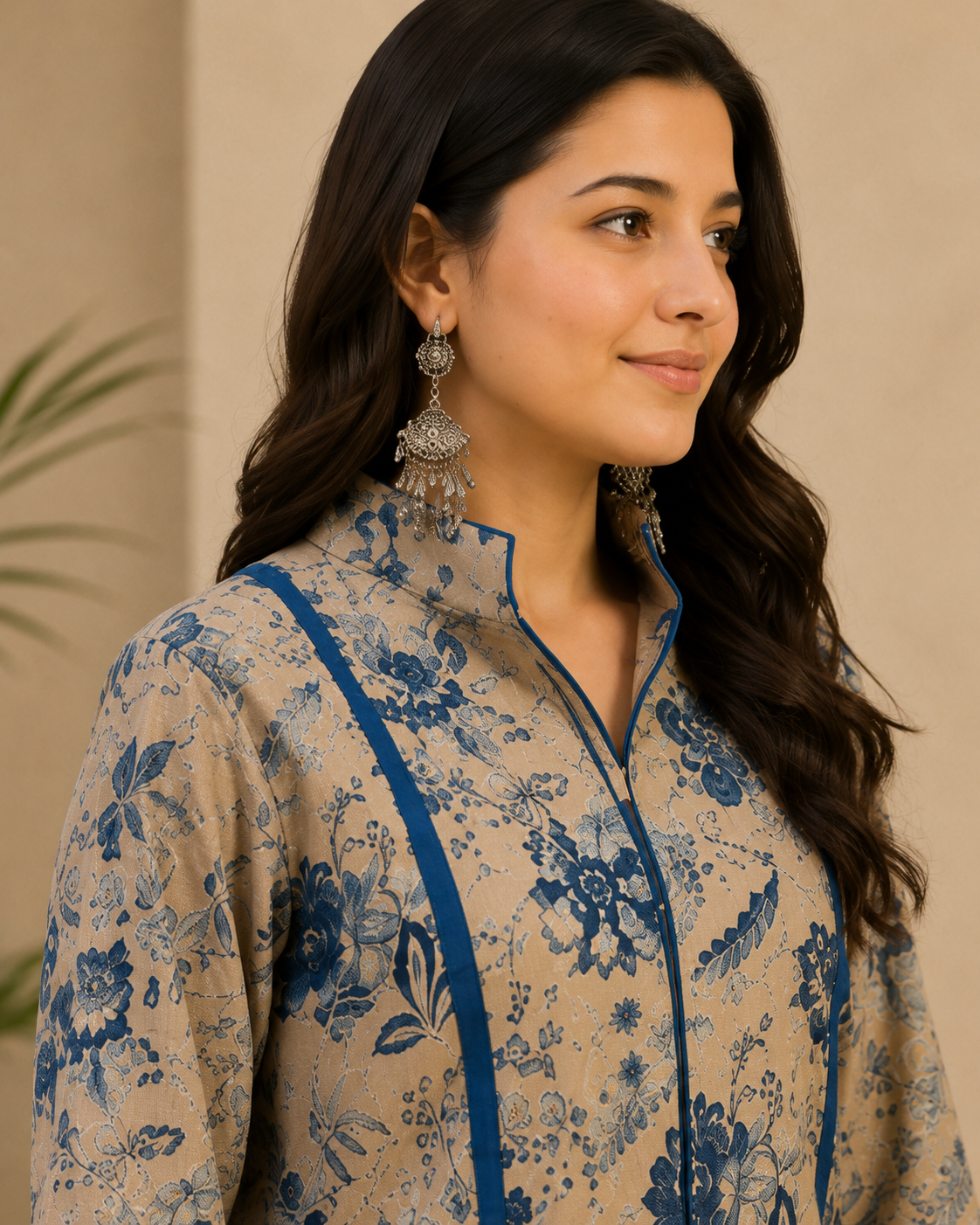 Beige and Teal Pure Cotton Straight Kurta Set