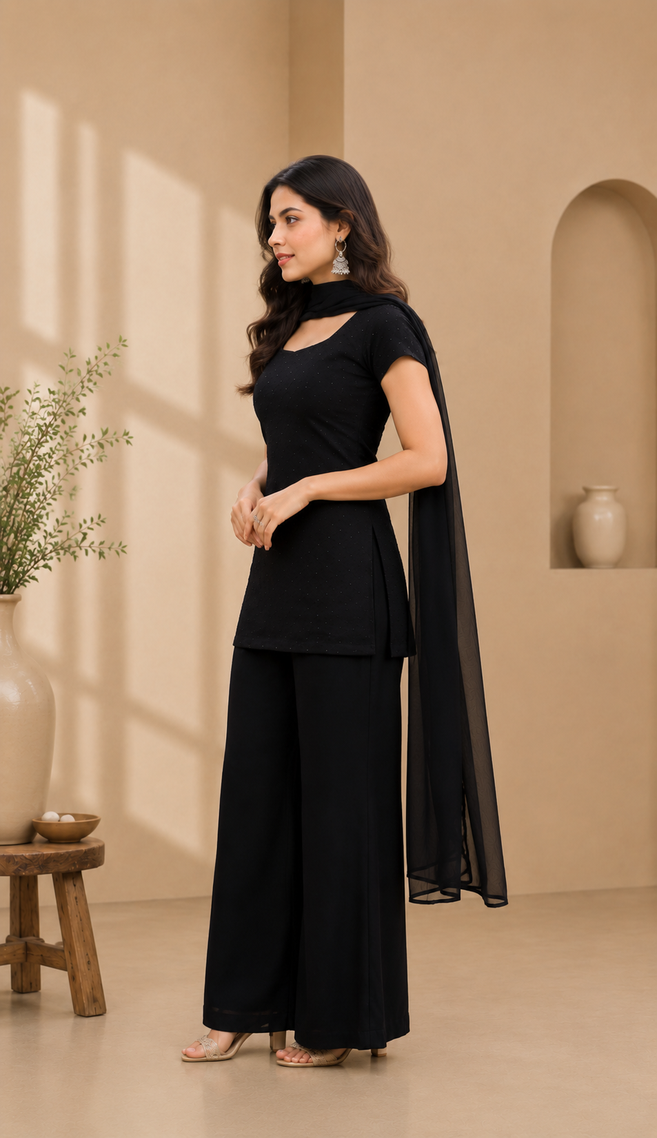 Charming Black Georgette Palazzo Suit