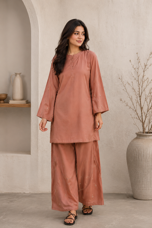 Brown Lace Work Silk Kurta with Pants- Set
