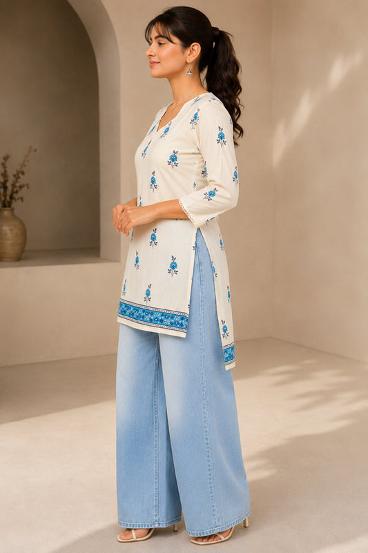 Women's off-white floral printed cotton straight kurta