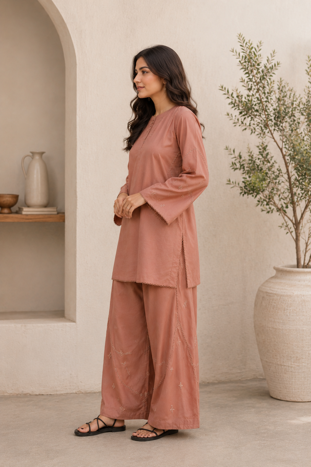 Brown Lace Work Silk Kurta with Pants- Set