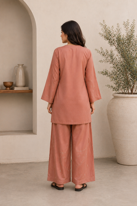 Brown Lace Work Silk Kurta with Pants- Set