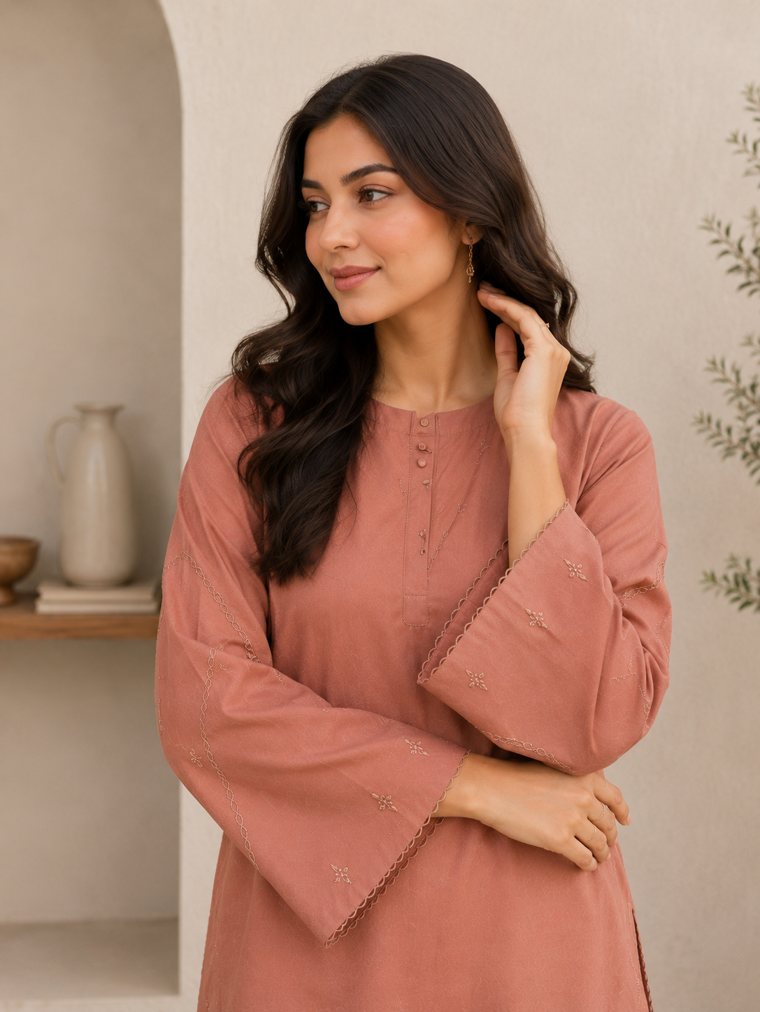 Brown Lace Work Silk Kurta with Pants- Set