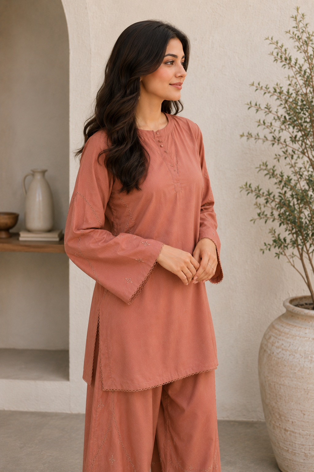 Brown Lace Work Silk Kurta with Pants- Set