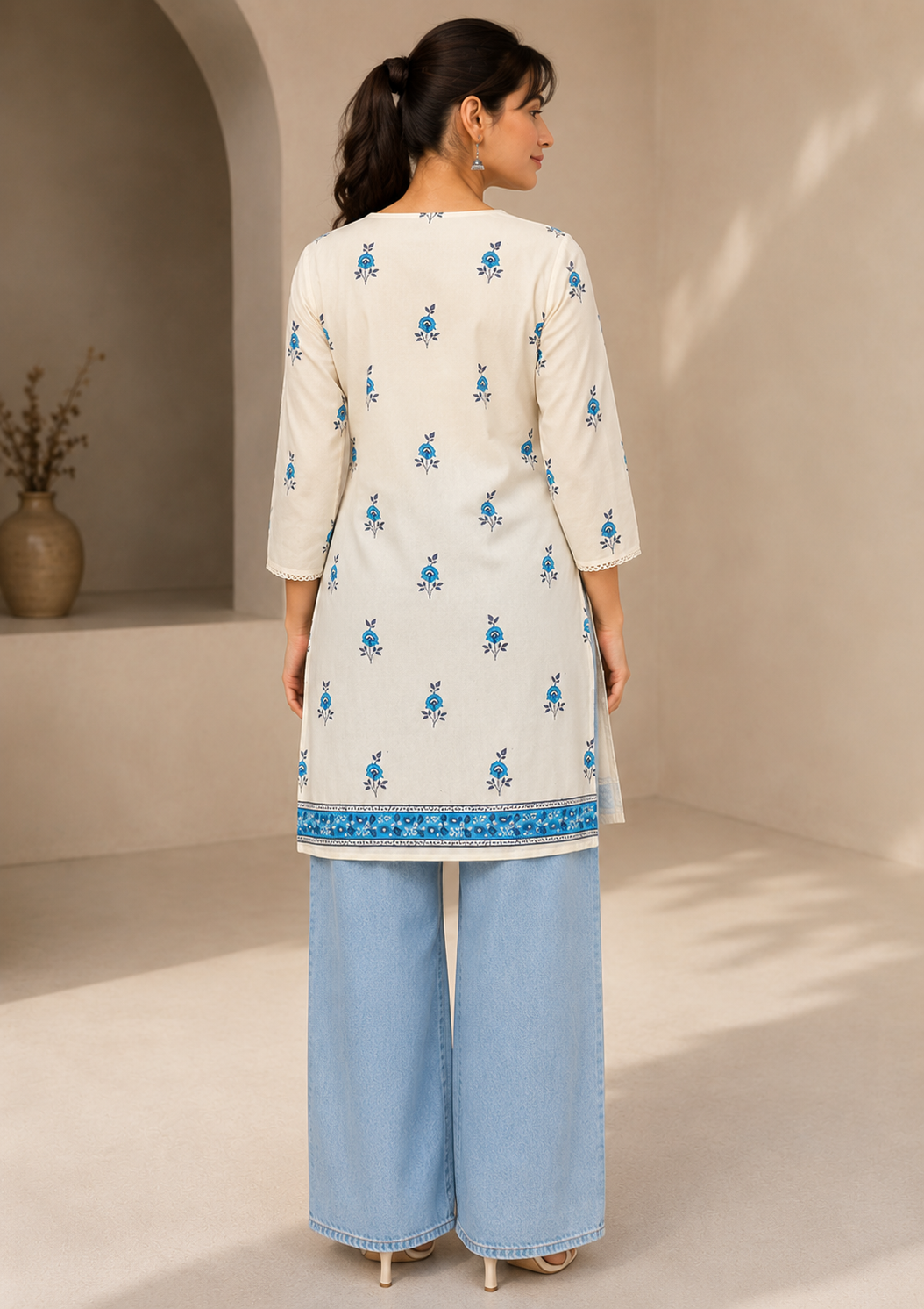 Women's off-white floral printed cotton straight kurta