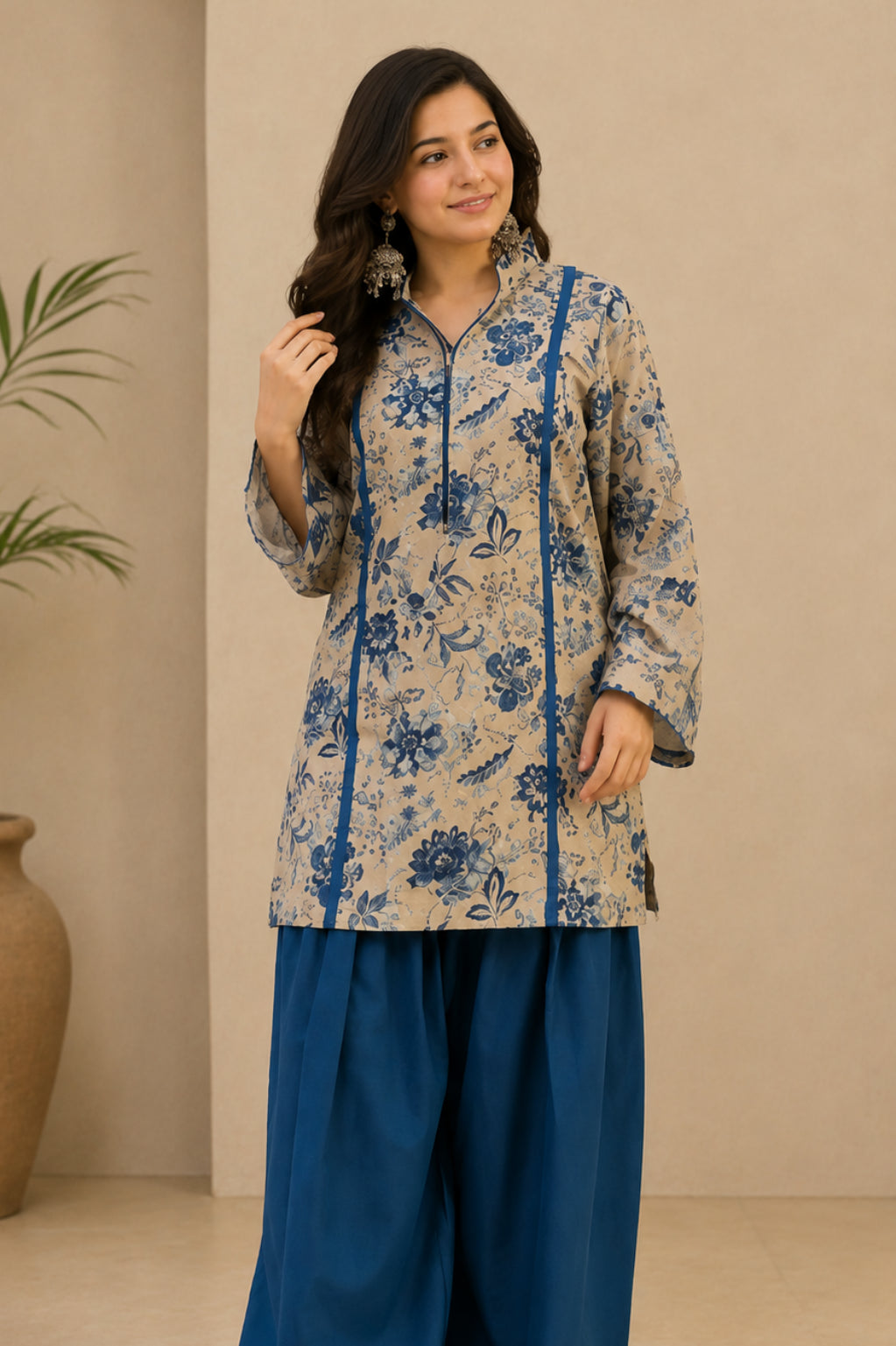 Beige and Teal Pure Cotton Straight Kurta Set