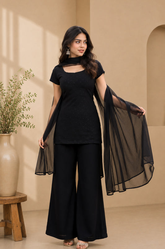 Charming Black Georgette Palazzo Suit