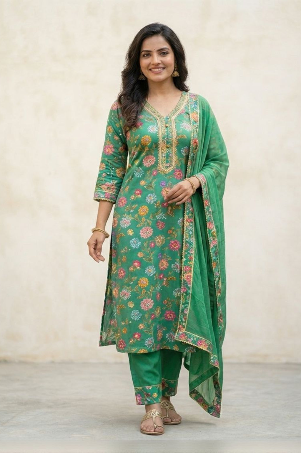 Green Floral Printed Poly Rayon Kurta Set