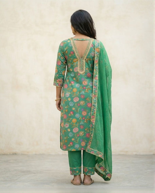 Green Floral Printed Poly Rayon Kurta Set