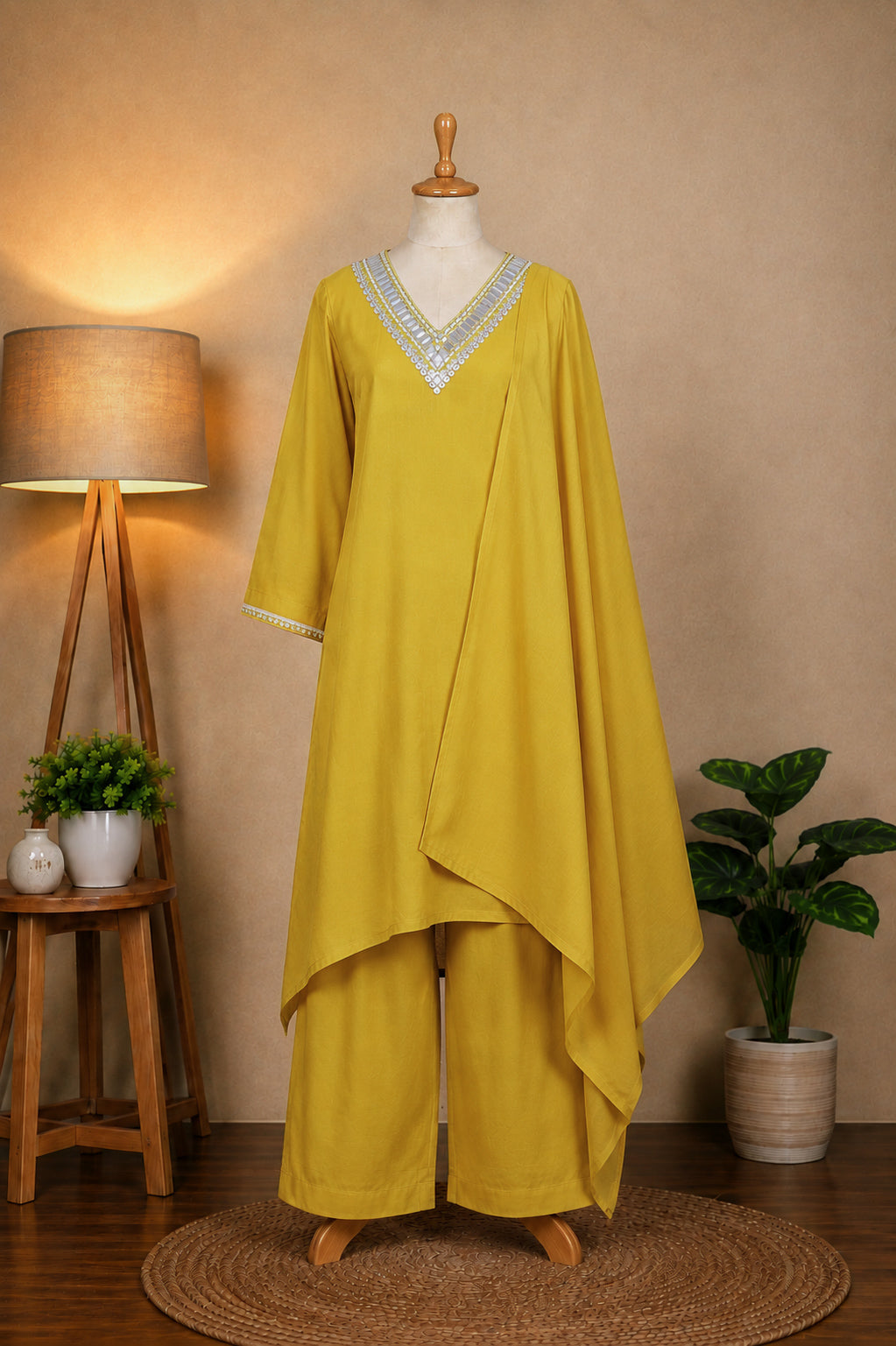 Mustard Yellow Asymmetric Kaftan Style Co-ord Set