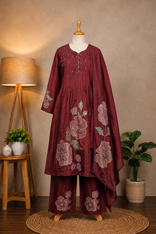 Dark Maroon Mul Chanderi Anarkali 3-Piece Suit Set
