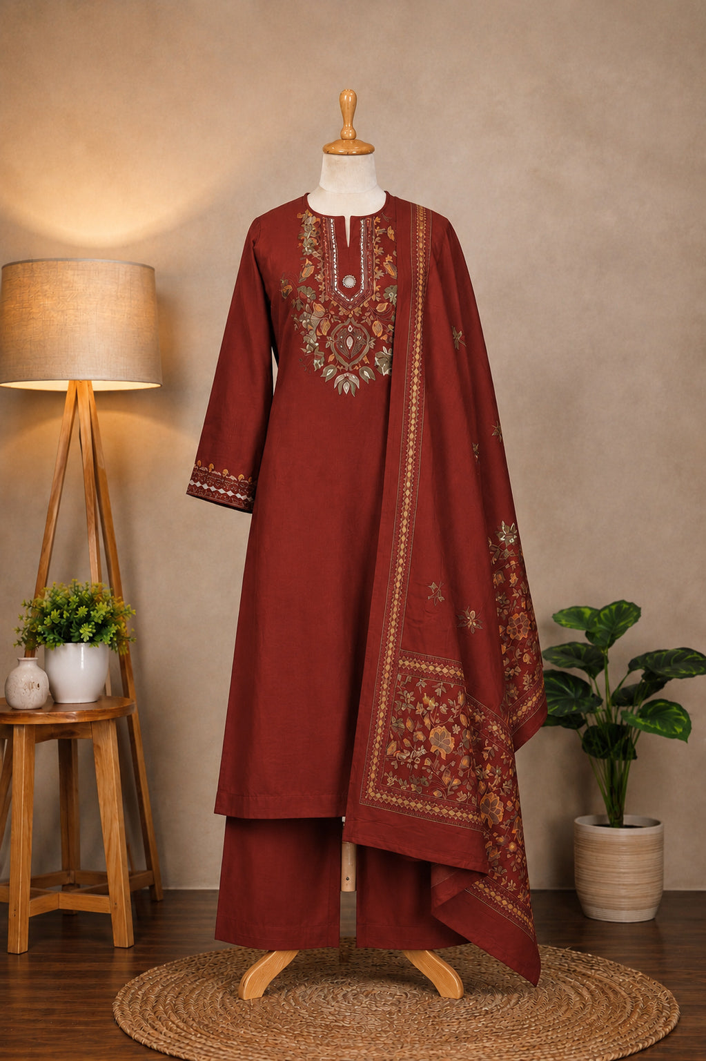 Rust Orange Embroidered 3-Piece Kurta Set