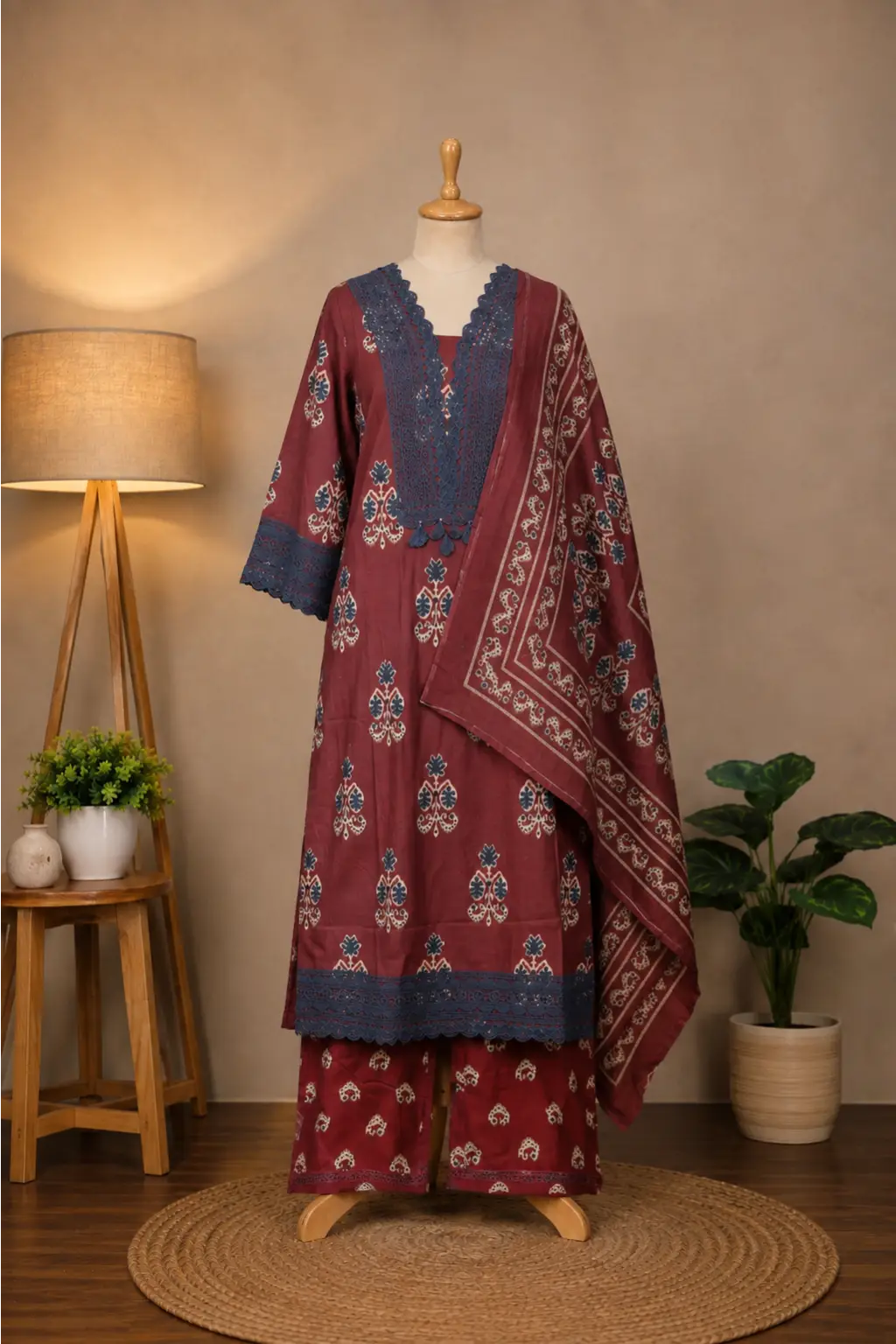 Shop Subi Trends’ maroon floral block-print cotton kurta set with dupatta. A traditional 3-piece printed ethnic wear set, perfect for festive days and elegant everyday styling.