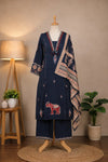 Shop a navy blue kurta set for women at Subi Trends, featuring a pure cotton kurta, matching pants and traditional printed dupatta for elegant ethnic occasions.