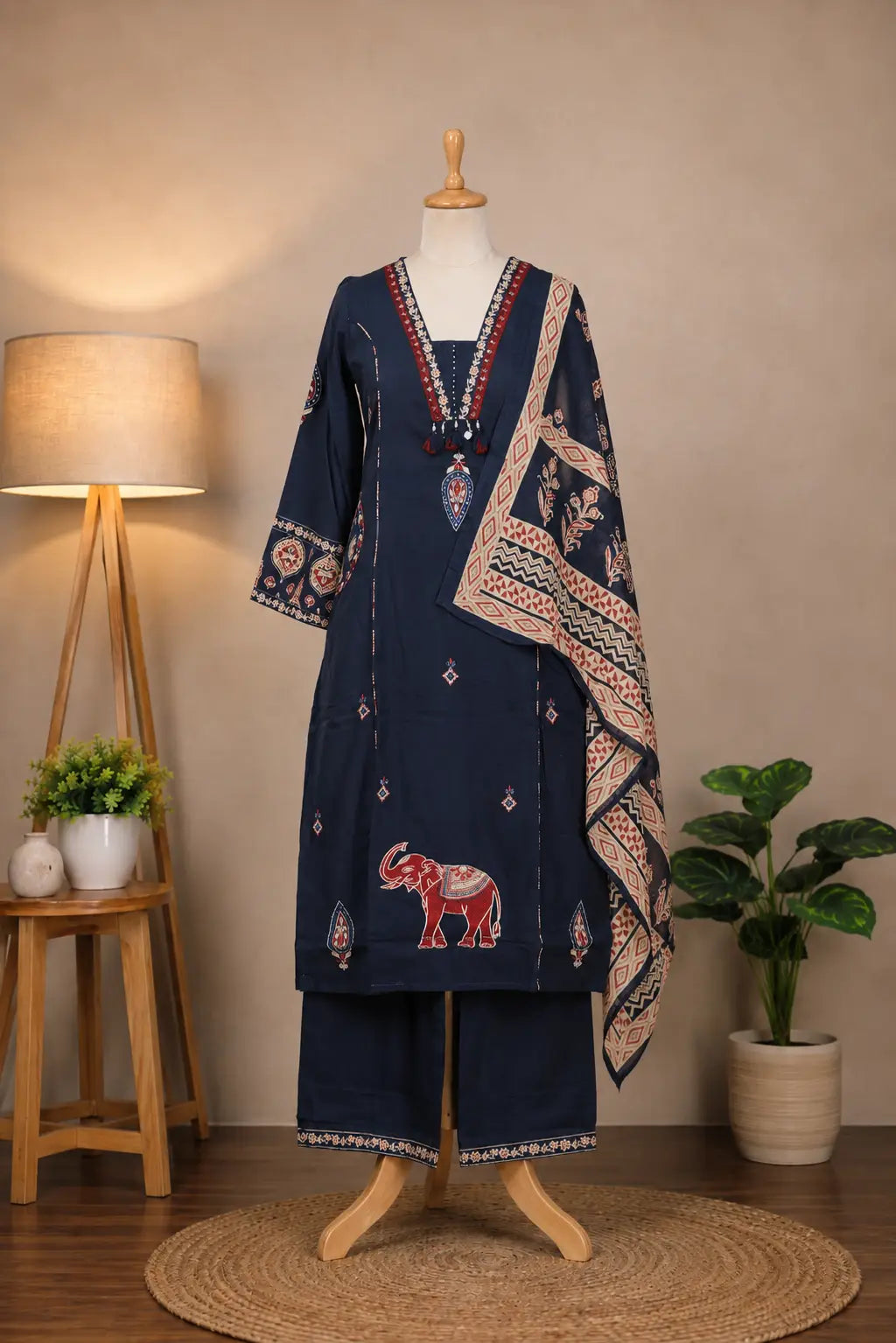 Shop a navy blue kurta set for women at Subi Trends, featuring a pure cotton kurta, matching pants and traditional printed dupatta for elegant ethnic occasions.