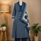 Shop the Neelambara pure cotton printed 3-piece set by Subi Trends, featuring a navy blue chevron-printed kurta, matching pants and a statement printed dupatta.