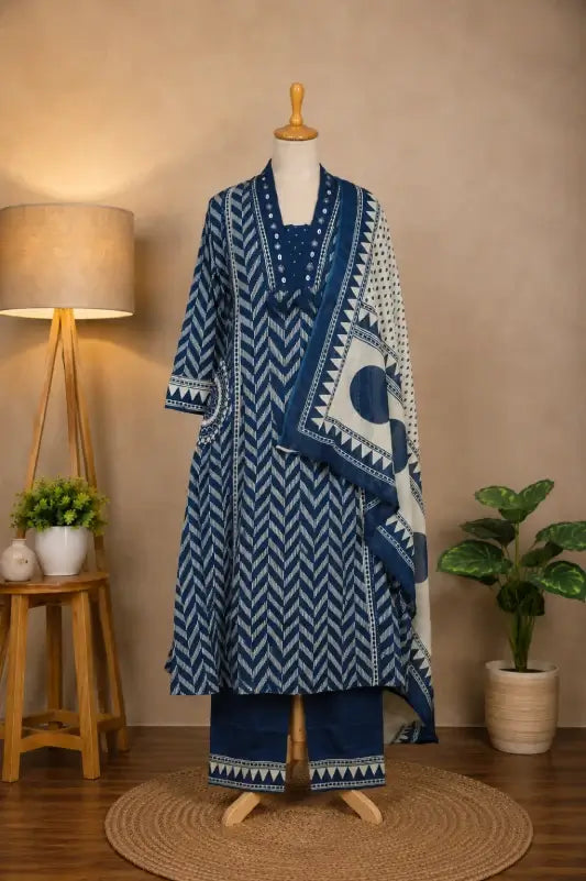 Shop the Neelambara pure cotton printed 3-piece set by Subi Trends, featuring a navy blue chevron-printed kurta, matching pants and a statement printed dupatta.
