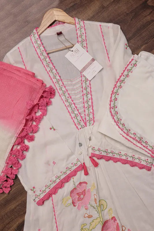 White & Pink Embroidered Kurta Set