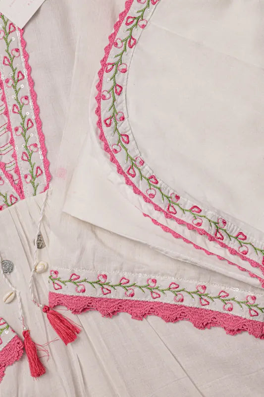 White & Pink Embroidered Kurta Set