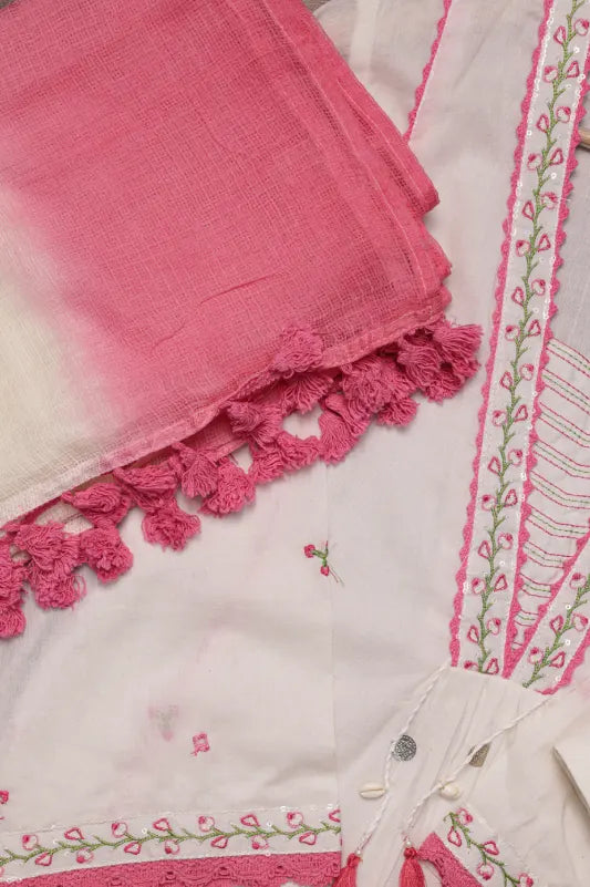White & Pink Embroidered Kurta Set