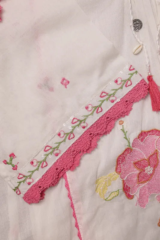 White & Pink Embroidered Kurta Set