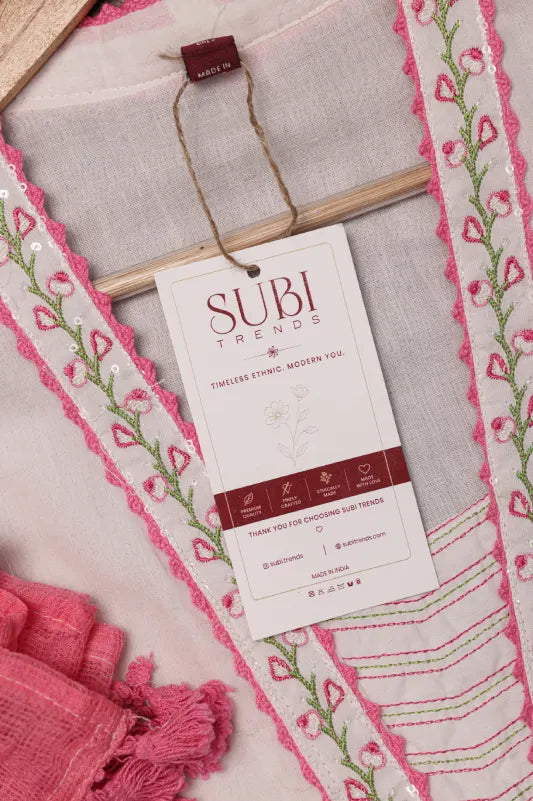 White & Pink Embroidered Kurta Set