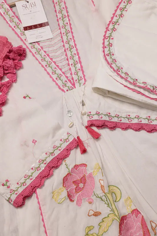 White & Pink Embroidered Kurta Set