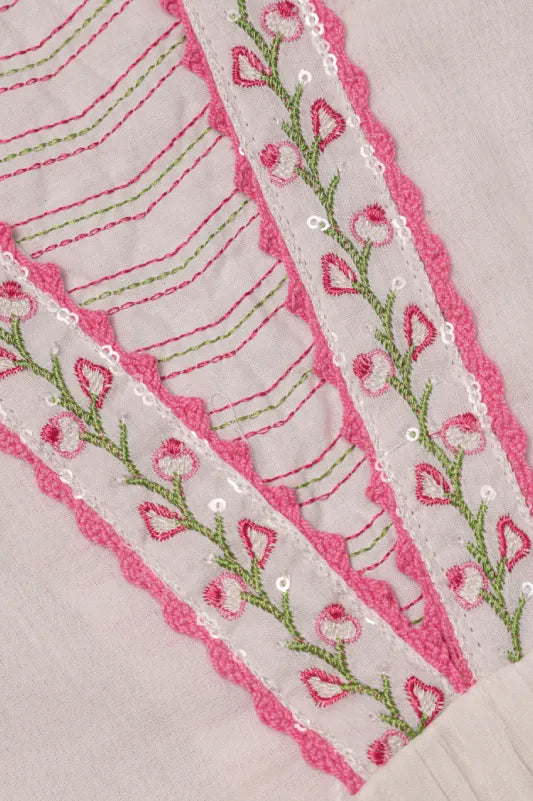White & Pink Embroidered Kurta Set