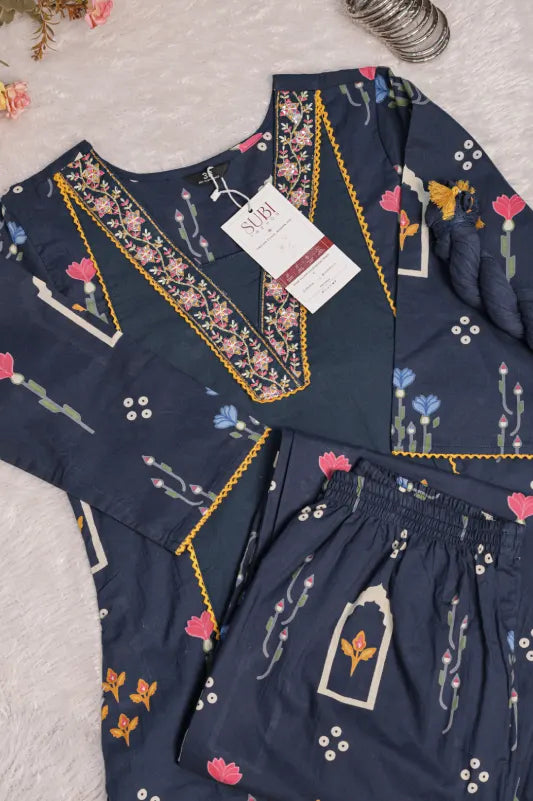 Navy Blue Floral Printed Kurta Set