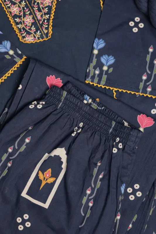 Navy Blue Floral Printed Kurta Set