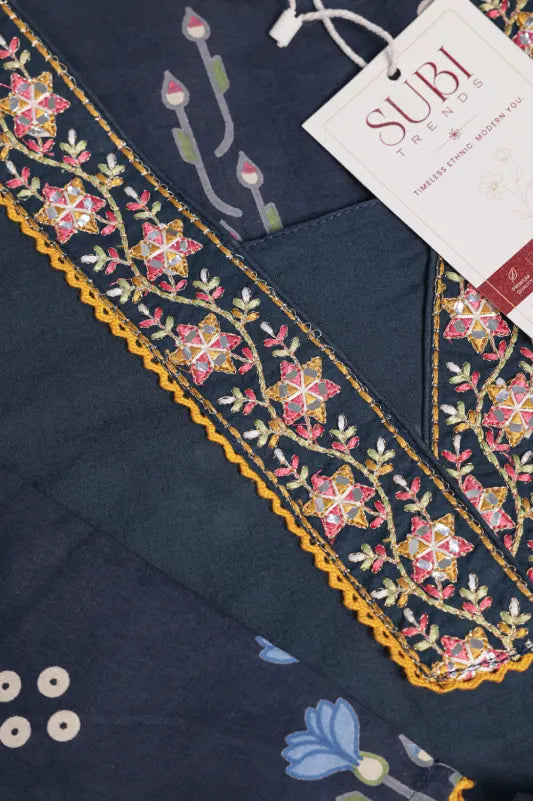 Navy Blue Floral Printed Kurta Set