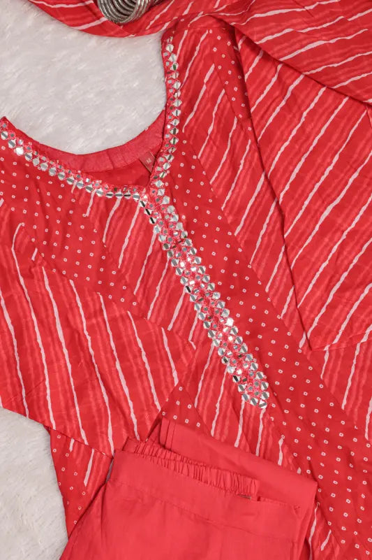 Red Leheriya Printed Kurta Set