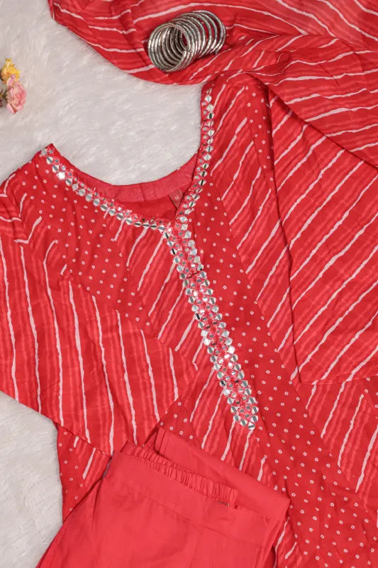 Red Leheriya Printed Kurta Set