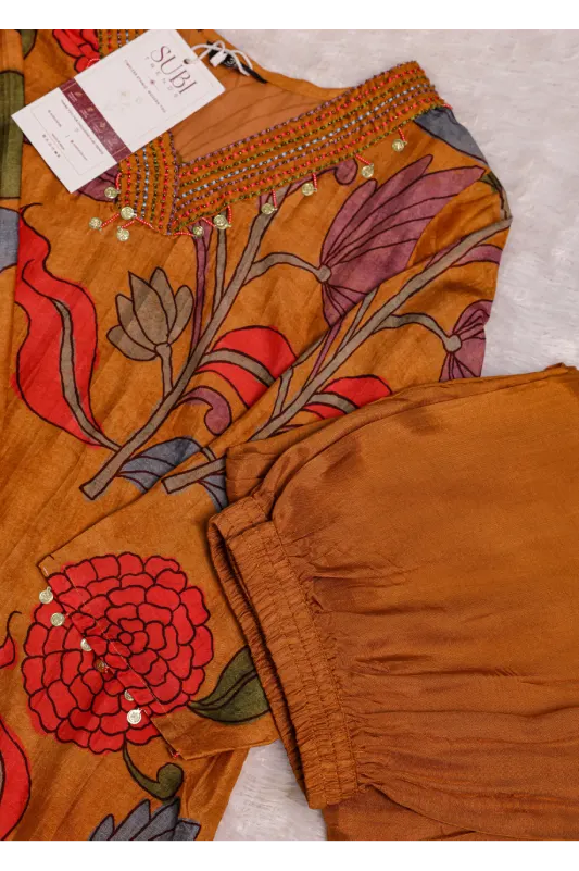 Mustard Floral Printed Kurta Set