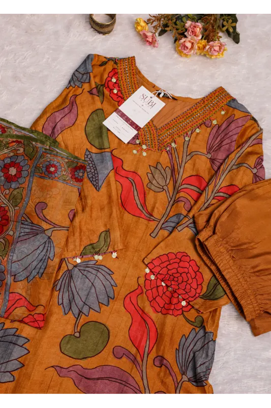 Mustard Floral Printed Kurta Set
